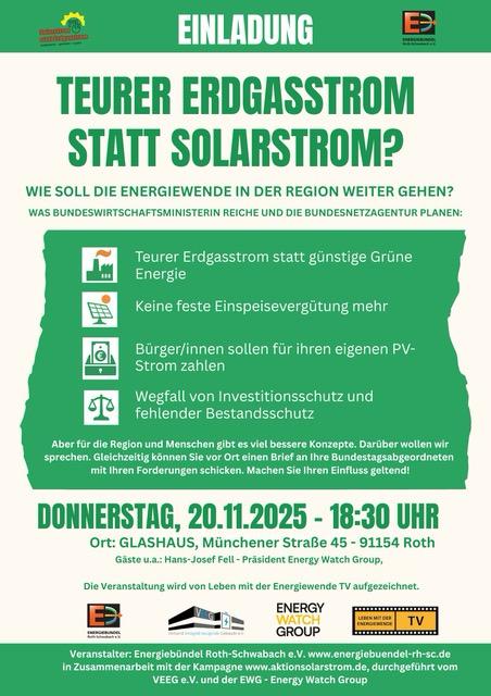 Einladung: Teurer Erdgasstrom statt Solarstrom? – Veranstaltungsposter Roth
